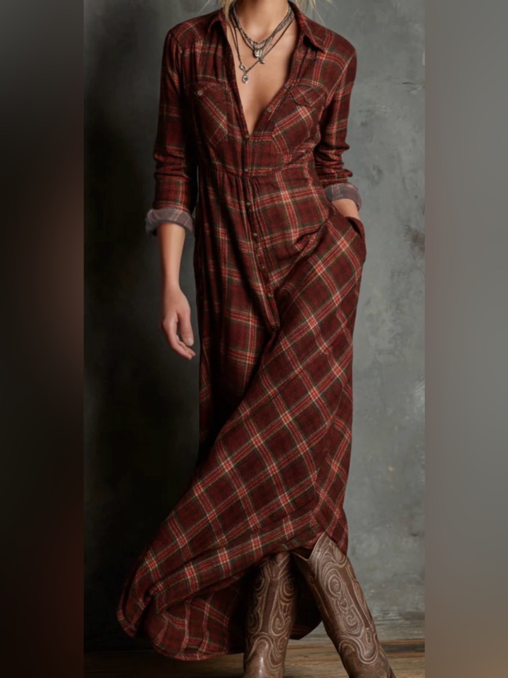 MODESEES Women's Plaid Lapel Single-Breasted Shirt Maxi Dress